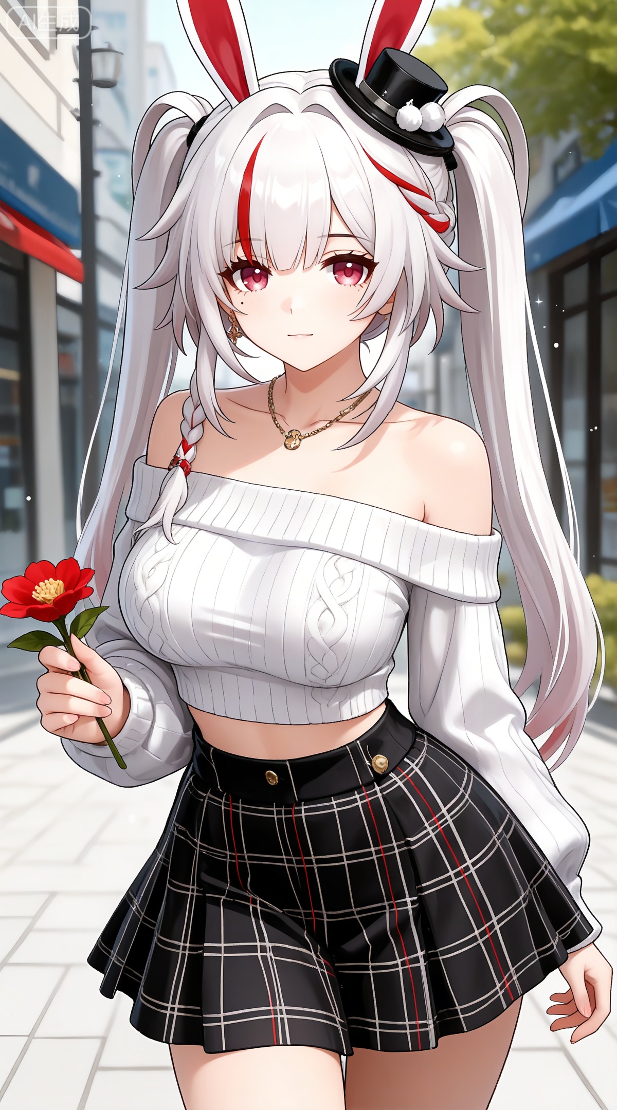depth of field,masterpiece,best quality,very aesthetic,alternate costume,alternate costume,2024,2023,perfect composition,ultra-detailed,extreme aesthetic,masterpiece,best quality,good quality,newest,year 2024,year 2023,very aesthetic,absurdres,looking_at_viewer,colorful,
sparkle \(honkai: star rail\), white hair, long hair, twintails, multicolored hair, streaked hair, red hair, mini hat, rabbit ears, red eyes, mole under eye, braid,
1girl,solo,skirt,off shoulder,off-shoulder sweater,jewelry,white sweater,holding flower,necklace,bare shoulders,holding,sweater,breasts,black skirt,plaid skirt,collarbone,plaid,blurry background,crop top,blurry,midriff,long sleeves,large breasts,

