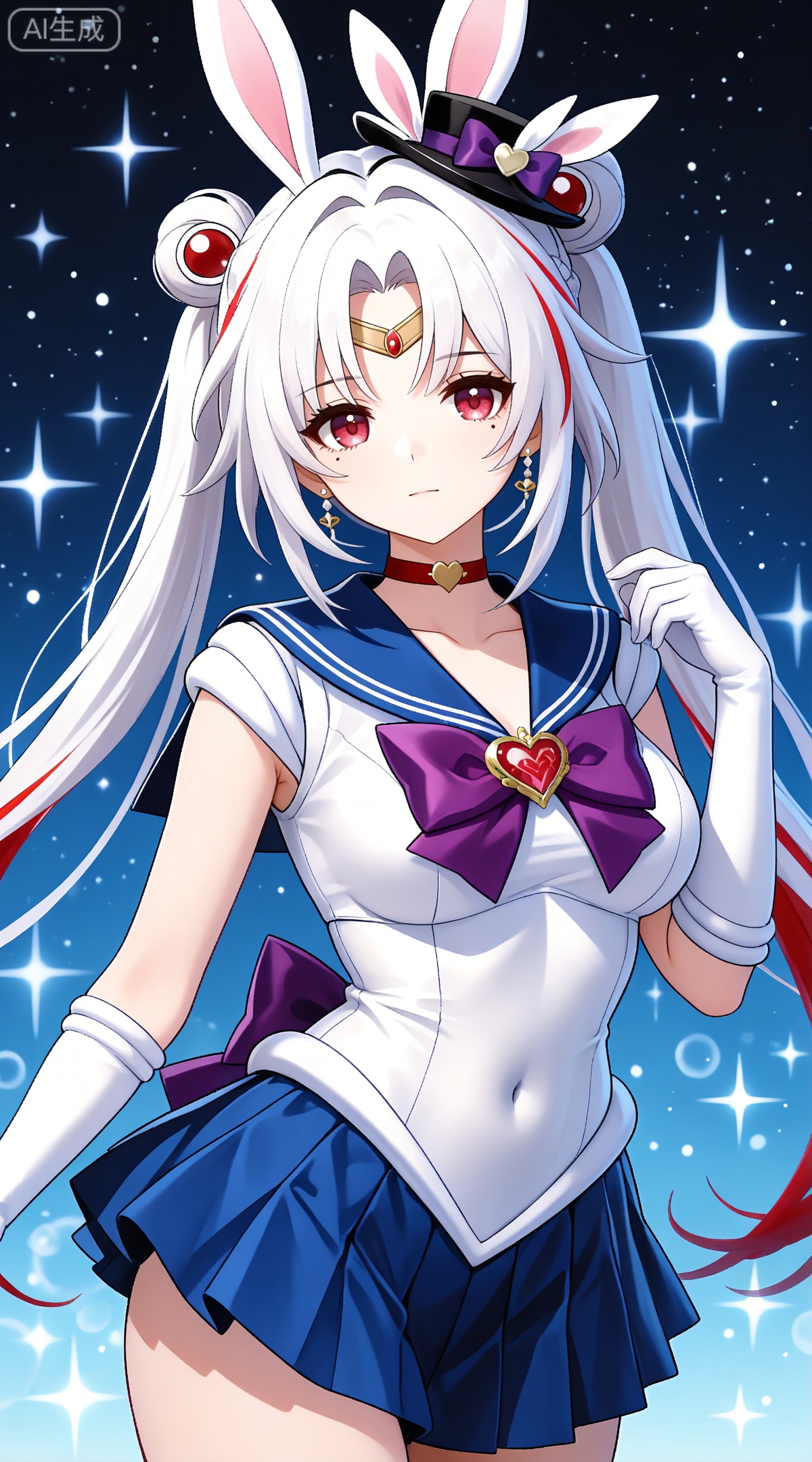 depth of field,masterpiece,best quality,very aesthetic,alternate costume,alternate costume,2024,2023,perfect composition,ultra-detailed,extreme aesthetic,masterpiece,best quality,good quality,newest,year 2024,year 2023,very aesthetic,absurdres,looking_at_viewer,colorful,
sparkle \(honkai: star rail\), white hair, long hair, twintails, multicolored hair, streaked hair, red hair, mini hat, rabbit ears, red eyes, mole under eye, braid,
1girl,sailor senshi uniform,solo,jewelry,skirt,gloves,earrings,blue skirt,white gloves,sailor collar,bow,breasts,choker,elbow gloves,magical girl,back bow,covered navel,pleated skirt,looking at viewer,brooch,purple bow,heart brooch,red choker,miniskirt,closed mouth,large breasts,collarbone,red gemstone,tiara,cowboy shot,
