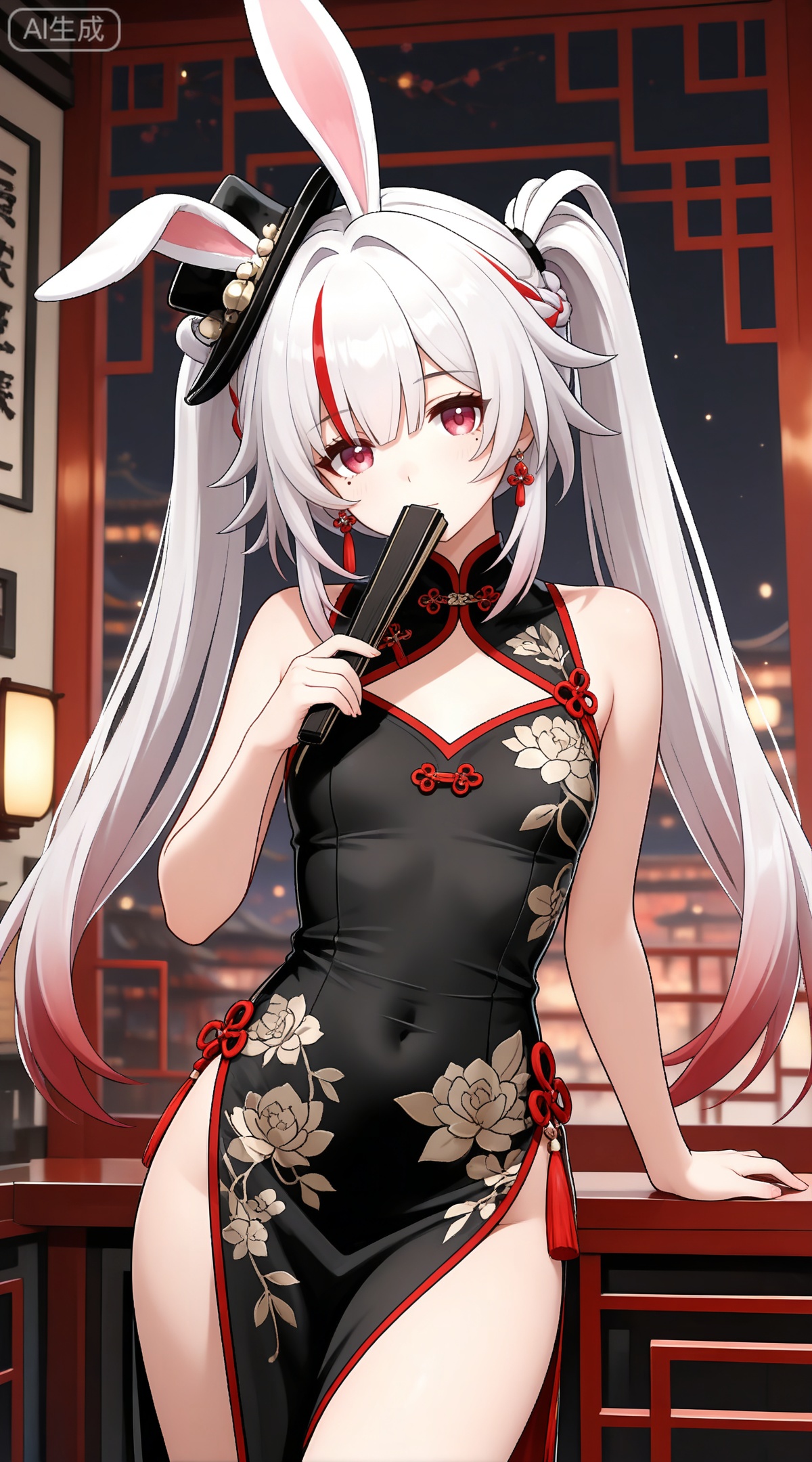 depth of field,masterpiece,best quality,very aesthetic,alternate costume,alternate costume,2024,2023,perfect composition,ultra-detailed,extreme aesthetic,masterpiece,best quality,good quality,newest,year 2024,year 2023,very aesthetic,absurdres,looking_at_viewer,colorful,
sparkle \(honkai: star rail\), white hair, long hair, twintails, multicolored hair, streaked hair, red hair, mini hat, rabbit ears, red eyes, mole under eye, braid,
1girl,dress,hand fan,holding,solo,earrings,jewelry,chinese clothes,china dress,black dress,holding fan,floral print,blurry,sleeveless,looking at viewer,sleeveless dress,folding fan,standing,head tilt,2,
