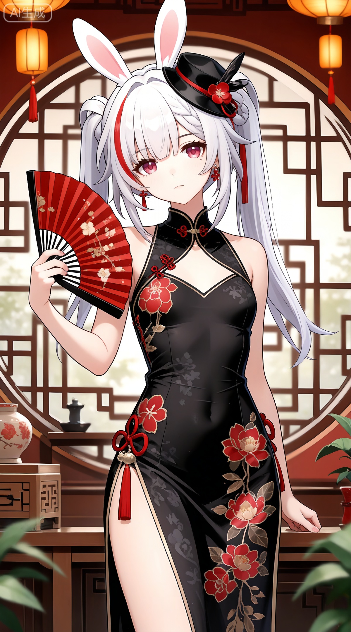 depth of field,masterpiece,best quality,very aesthetic,alternate costume,alternate costume,2024,2023,perfect composition,ultra-detailed,extreme aesthetic,masterpiece,best quality,good quality,newest,year 2024,year 2023,very aesthetic,absurdres,looking_at_viewer,colorful,
sparkle \(honkai: star rail\), white hair, long hair, twintails, multicolored hair, streaked hair, red hair, mini hat, rabbit ears, red eyes, mole under eye, braid,
1girl,dress,hand fan,holding,solo,earrings,jewelry,chinese clothes,china dress,black dress,holding fan,floral print,blurry,sleeveless,looking at viewer,sleeveless dress,folding fan,standing,head tilt,2,
