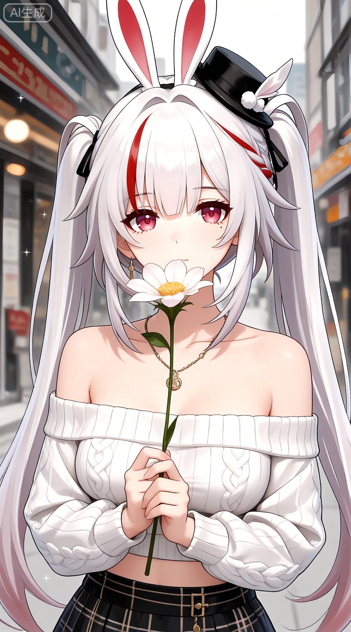 depth of field,masterpiece,best quality,very aesthetic,alternate costume,alternate costume,2024,2023,perfect composition,ultra-detailed,extreme aesthetic,masterpiece,best quality,good quality,newest,year 2024,year 2023,very aesthetic,absurdres,looking_at_viewer,colorful,
sparkle \(honkai: star rail\), white hair, long hair, twintails, multicolored hair, streaked hair, red hair, mini hat, rabbit ears, red eyes, mole under eye, braid,
1girl,solo,skirt,off shoulder,off-shoulder sweater,jewelry,white sweater,holding flower,necklace,bare shoulders,holding,sweater,breasts,black skirt,plaid skirt,collarbone,plaid,blurry background,crop top,blurry,midriff,long sleeves,large breasts,

