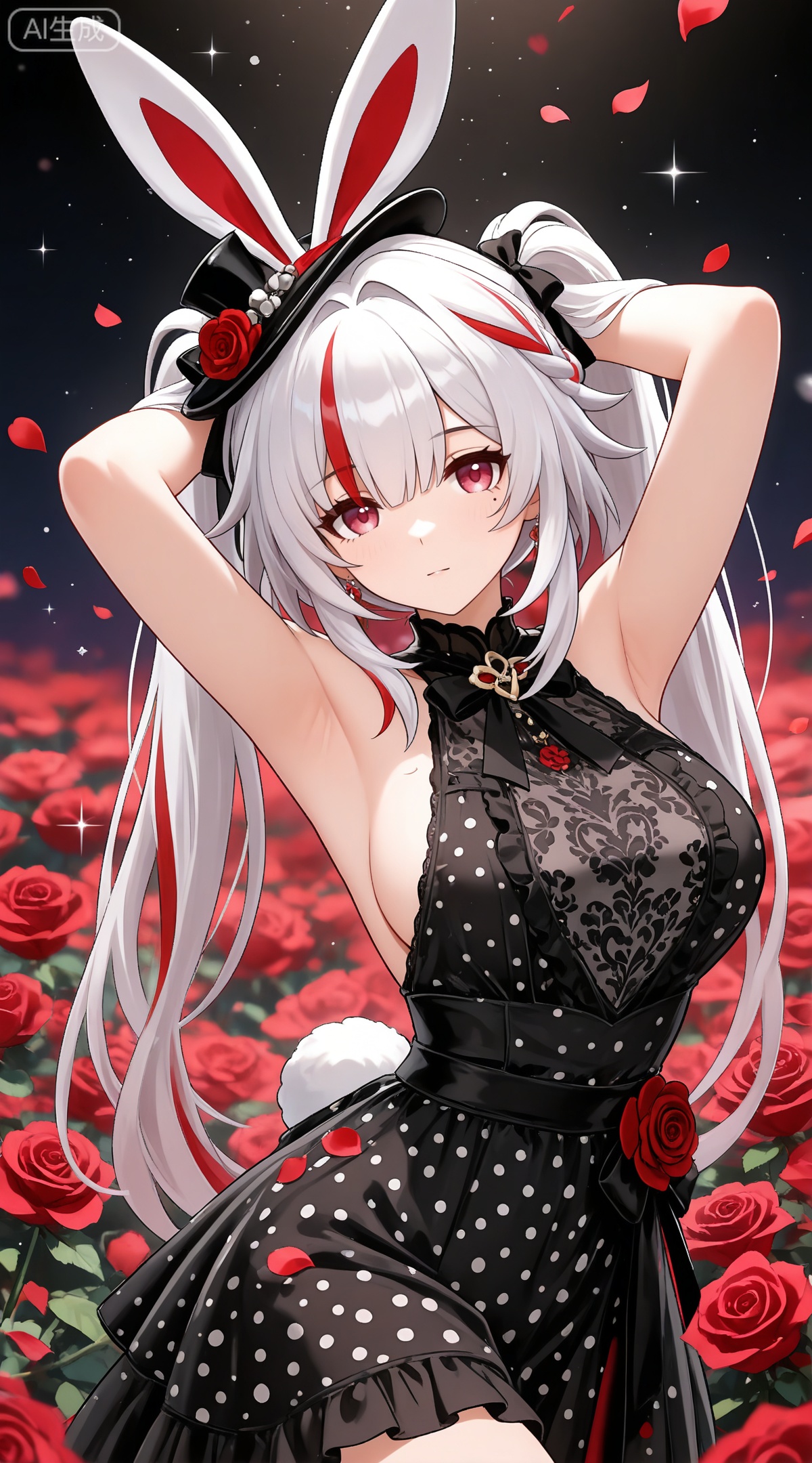 depth of field,masterpiece,best quality,very aesthetic,alternate costume,alternate costume,2024,2023,perfect composition,ultra-detailed,extreme aesthetic,masterpiece,best quality,good quality,newest,year 2024,year 2023,very aesthetic,absurdres,looking_at_viewer,colorful,
sparkle \(honkai: star rail\), white hair, long hair, twintails, multicolored hair, streaked hair, red hair, mini hat, rabbit ears, red eyes, mole under eye, braid,
1girl, breasts, solo, polka dot, flower, dress, rose, polka dot dress, large breasts, red flower, armpits, petals, red rose, arms up, sideboob, sleeveless, frills, rose petals,
