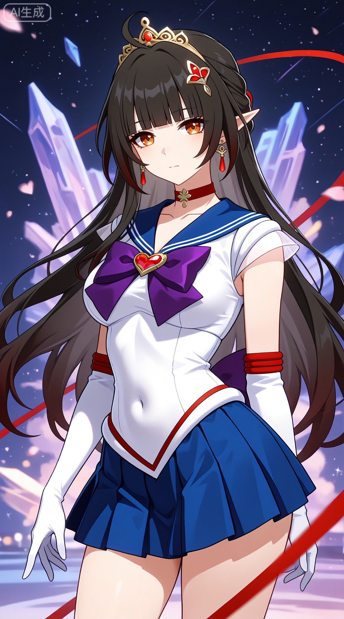 depth of field,masterpiece,best quality,very aesthetic,alternate costume,alternate costume,2024,2023,perfect composition,ultra-detailed,extreme aesthetic,masterpiece,best quality,good quality,newest,year 2024,year 2023,very aesthetic,absurdres,looking_at_viewer,colorful,
lingsha \(honkai: star rail\), ahoge, black hair, long hair, orange eyes, pointy_ears, hair ornament, half updo, blunt bangs, red ribbon,
1girl,sailor senshi uniform,solo,jewelry,skirt,gloves,earrings,blue skirt,white gloves,sailor collar,bow,breasts,choker,elbow gloves,magical girl,back bow,covered navel,pleated skirt,looking at viewer,brooch,purple bow,heart brooch,red choker,miniskirt,closed mouth,large breasts,collarbone,red gemstone,tiara,cowboy shot,
