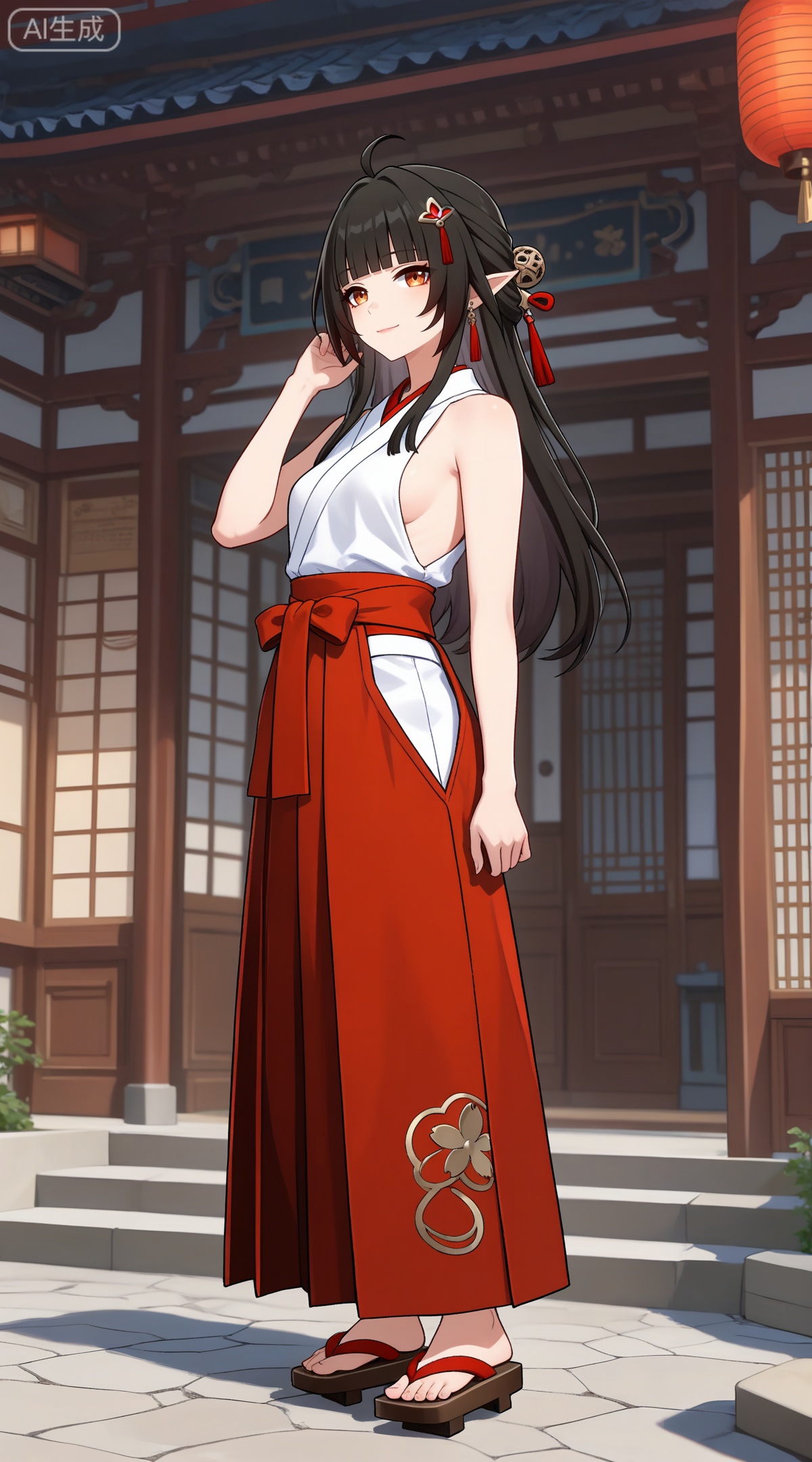 depth of field,masterpiece,best quality,very aesthetic,alternate costume,alternate costume,2024,2023,perfect composition,ultra-detailed,extreme aesthetic,masterpiece,best quality,good quality,newest,year 2024,year 2023,very aesthetic,absurdres,looking_at_viewer,colorful,
lingsha \(honkai: star rail\), ahoge, black hair, long hair, orange eyes, pointy_ears, hair ornament, half updo, blunt bangs, red ribbon,
1girl,solo,japanese clothes,full body,hair ornament,sleeveless kimono,oni,sleeveless,breasts,looking at viewer,kimono,bare arms,hakama skirt,arm up,standing,bare shoulders,earrings,jewelry,geta,toes,smile,sandals,lips,skirt,red hakama,sidelocks,hand up,sideboob,
