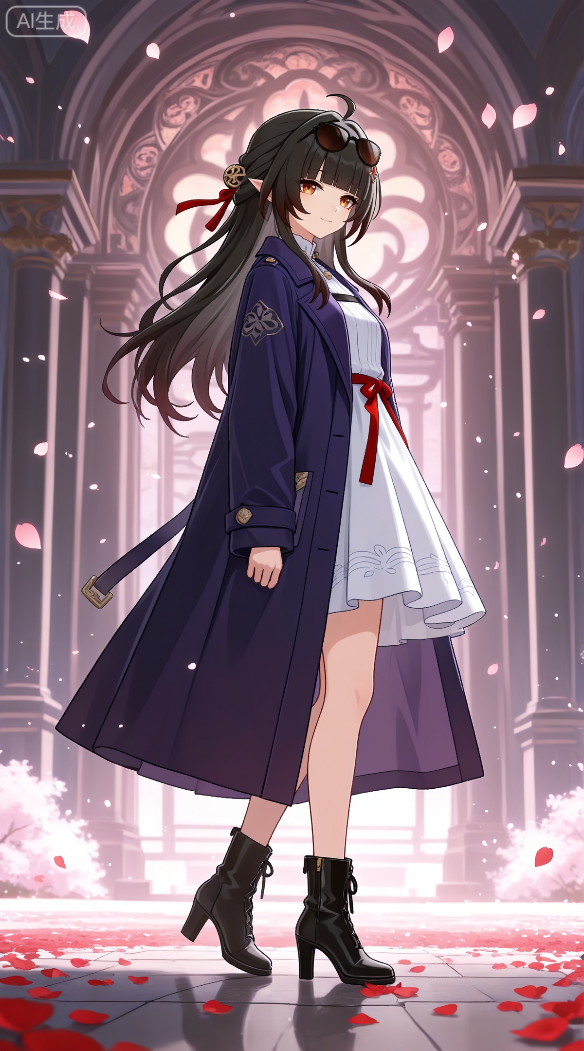 depth of field,masterpiece,best quality,very aesthetic,alternate costume,alternate costume,2024,2023,perfect composition,ultra-detailed,extreme aesthetic,masterpiece,best quality,good quality,newest,year 2024,year 2023,very aesthetic,absurdres,looking_at_viewer,colorful,
lingsha \(honkai: star rail\), ahoge, black hair, long hair, orange eyes, pointy_ears, hair ornament, half updo, blunt bangs, red ribbon,
1girl,eyewear on head,solo,sunglasses,high heels,dress,smile,full body,petals,coat,breasts,boots,short dress,purple coat,looking at viewer,high heel boots,long sleeves,white dress,standing,
