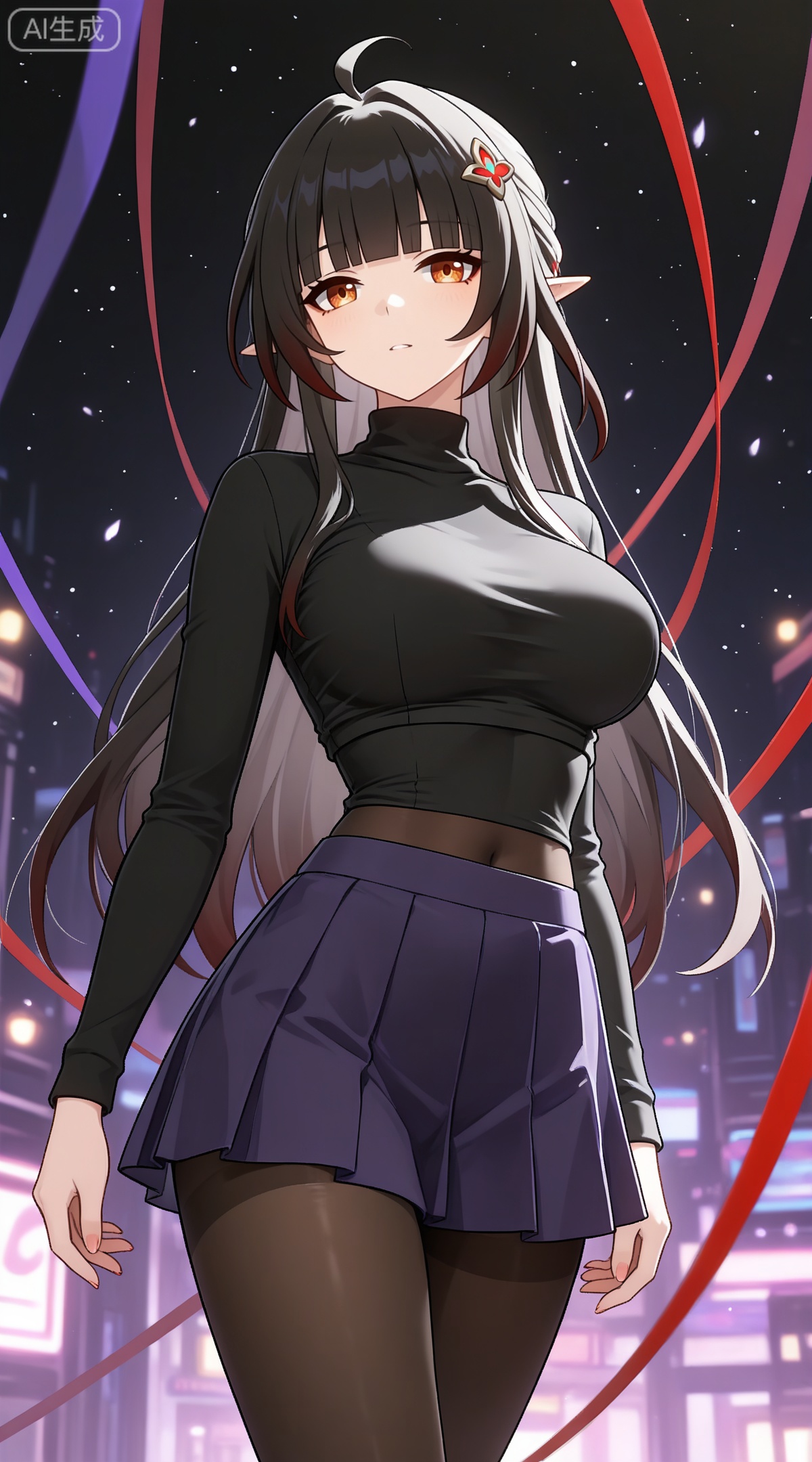 depth of field,masterpiece,best quality,very aesthetic,alternate costume,alternate costume,2024,2023,perfect composition,ultra-detailed,extreme aesthetic,masterpiece,best quality,good quality,newest,year 2024,year 2023,very aesthetic,absurdres,looking_at_viewer,colorful,
lingsha \(honkai: star rail\), ahoge, black hair, long hair, orange eyes, pointy_ears, hair ornament, half updo, blunt bangs, red ribbon,
1girl,breasts,skirt,solo,pantyhose,large breasts,purple skirt,covered navel,long sleeves,taut clothes,miniskirt,pleated skirt,turtleneck,black shirt,shirt,black pantyhose,taut shirt, 
