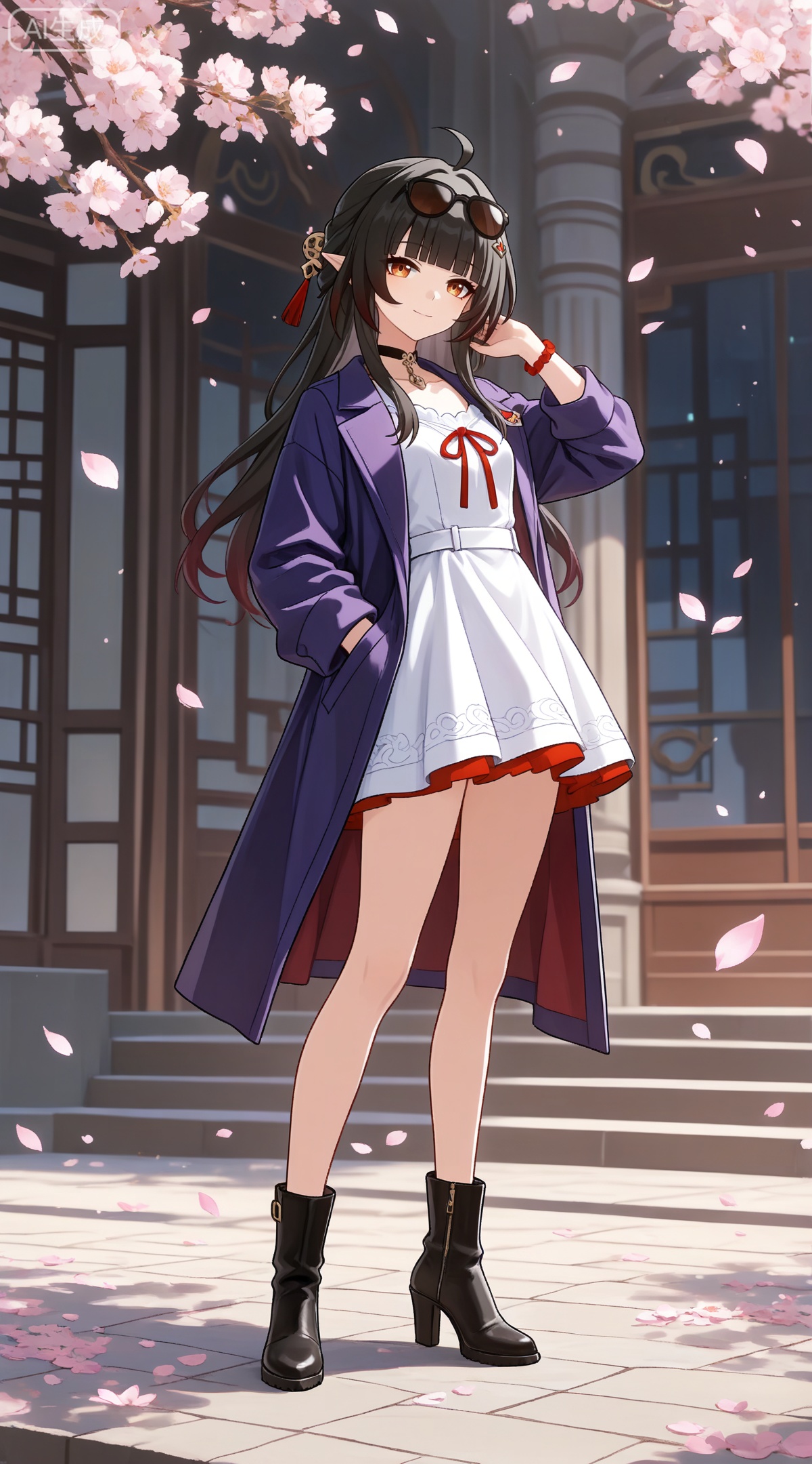 depth of field,masterpiece,best quality,very aesthetic,alternate costume,alternate costume,2024,2023,perfect composition,ultra-detailed,extreme aesthetic,masterpiece,best quality,good quality,newest,year 2024,year 2023,very aesthetic,absurdres,looking_at_viewer,colorful,
lingsha \(honkai: star rail\), ahoge, black hair, long hair, orange eyes, pointy_ears, hair ornament, half updo, blunt bangs, red ribbon,
1girl,eyewear on head,solo,sunglasses,high heels,dress,smile,full body,petals,coat,breasts,boots,short dress,purple coat,looking at viewer,high heel boots,long sleeves,white dress,standing,
