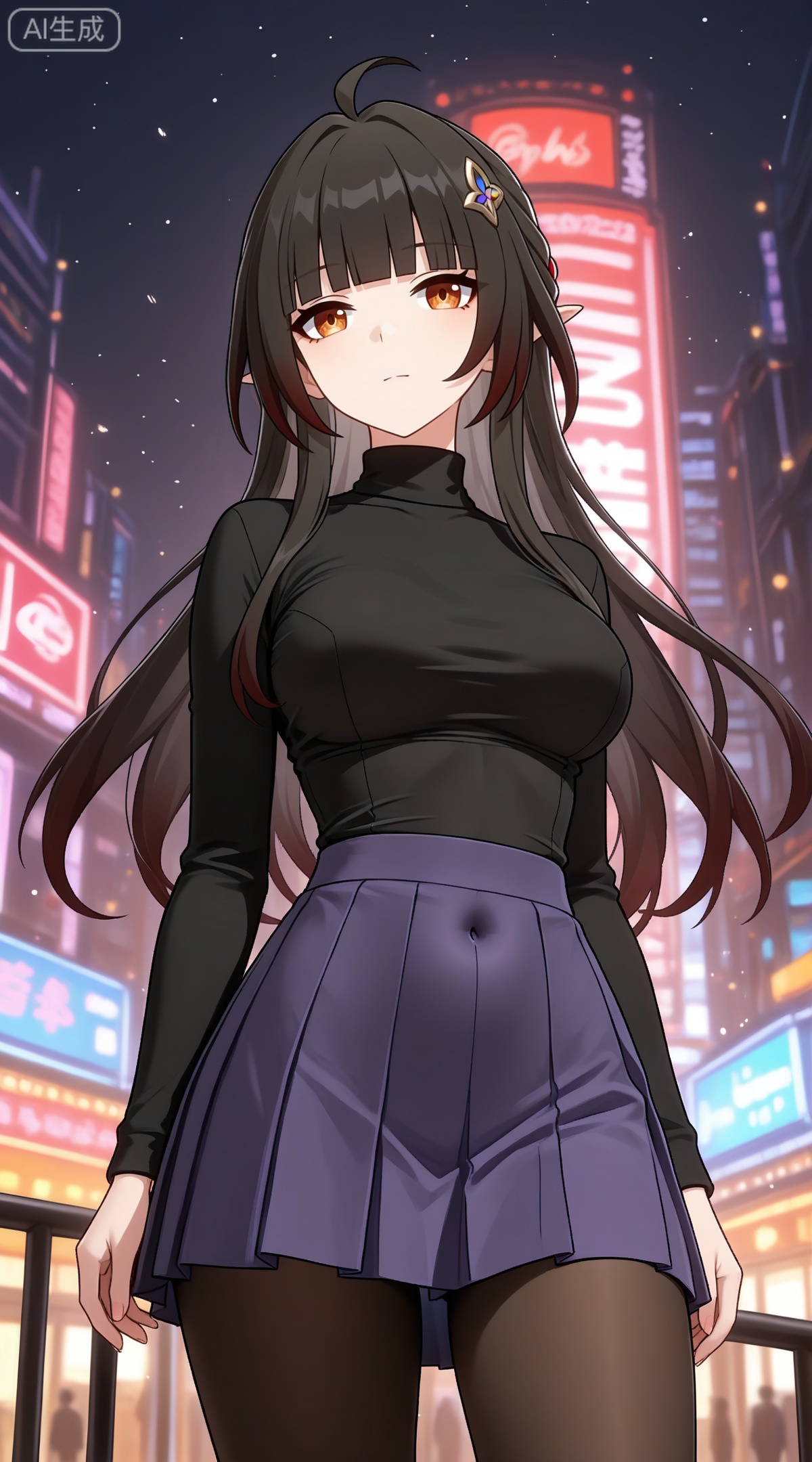 depth of field,masterpiece,best quality,very aesthetic,alternate costume,alternate costume,2024,2023,perfect composition,ultra-detailed,extreme aesthetic,masterpiece,best quality,good quality,newest,year 2024,year 2023,very aesthetic,absurdres,looking_at_viewer,colorful,
lingsha \(honkai: star rail\), ahoge, black hair, long hair, orange eyes, pointy_ears, hair ornament, half updo, blunt bangs, red ribbon,
1girl,breasts,skirt,solo,pantyhose,large breasts,purple skirt,covered navel,long sleeves,taut clothes,miniskirt,pleated skirt,turtleneck,black shirt,shirt,black pantyhose,taut shirt, 
