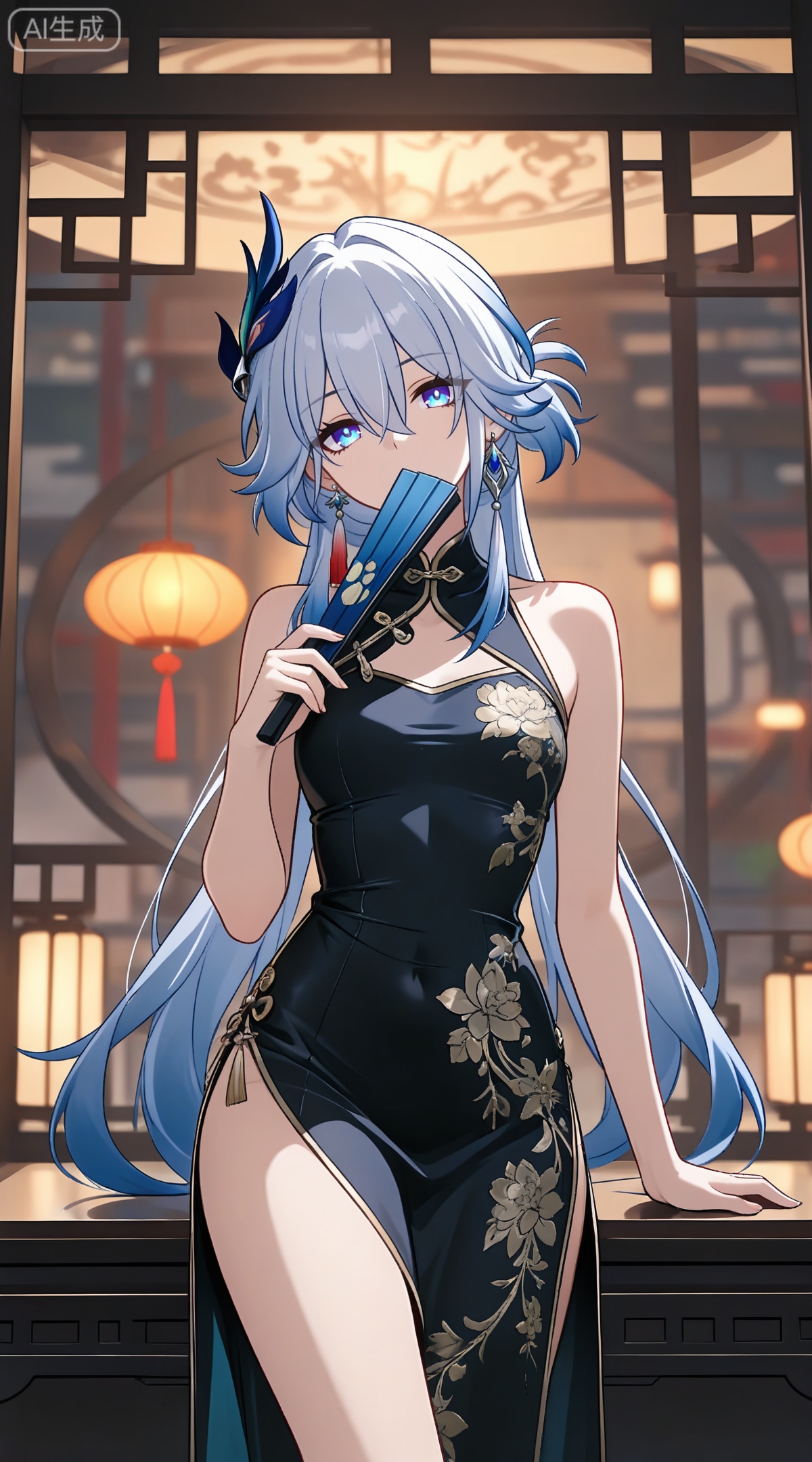 depth of field,masterpiece,best quality,very aesthetic,alternate costume,alternate costume,2024,2023,perfect composition,ultra-detailed,extreme aesthetic,masterpiece,best quality,good quality,newest,year 2024,year 2023,very aesthetic,absurdres,looking_at_viewer,colorful,
yaoguang \(honkai: star rail\), white hair, long hair, pony-tail, streaked hair, blue hair, hair ornament, earrings, single earring, tassel earrings, hair between eyes, blue eyes,
1girl,dress,hand fan,holding,solo,earrings,jewelry,chinese clothes,china dress,black dress,holding fan,floral print,blurry,sleeveless,looking at viewer,sleeveless dress,folding fan,standing,head tilt,2,
