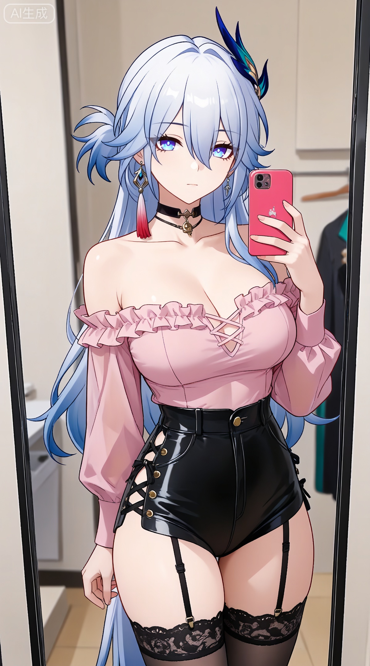depth of field,masterpiece,best quality,very aesthetic,alternate costume,alternate costume,2024,2023,perfect composition,ultra-detailed,extreme aesthetic,masterpiece,best quality,good quality,newest,year 2024,year 2023,very aesthetic,absurdres,looking_at_viewer,colorful,
yaoguang \(honkai: star rail\), white hair, long hair, pony-tail, streaked hair, blue hair, hair ornament, earrings, single earring, tassel earrings, hair between eyes, blue eyes,
1girl,breasts,jewelry,phone,earrings,thighhighs,choker,solo,cleavage,cellphone,black choker,holding phone,bare shoulders,holding,smartphone,shirt,garter straps,black thighhighs,off-shoulder shirt,leotard,frills,selfie,collarbone,off shoulder,pink shirt,long sleeves,cross-laced clothes,standing,clothes hanger,closed mouth,cowboy shot,high-waist shorts,thighs,indoors,large breasts,see-through,shorts,medium breasts,
