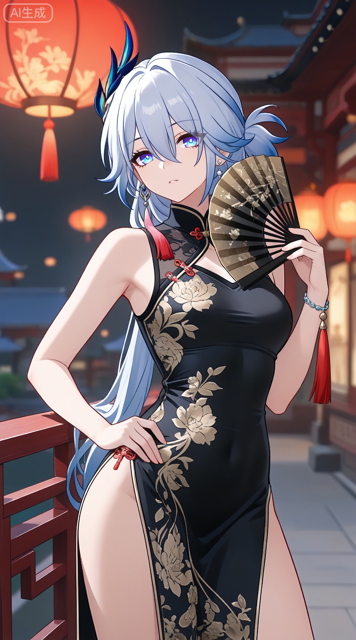 depth of field,masterpiece,best quality,very aesthetic,alternate costume,alternate costume,2024,2023,perfect composition,ultra-detailed,extreme aesthetic,masterpiece,best quality,good quality,newest,year 2024,year 2023,very aesthetic,absurdres,looking_at_viewer,colorful,
yaoguang \(honkai: star rail\), white hair, long hair, pony-tail, streaked hair, blue hair, hair ornament, earrings, single earring, tassel earrings, hair between eyes, blue eyes,
1girl,dress,hand fan,holding,solo,earrings,jewelry,chinese clothes,china dress,black dress,holding fan,floral print,blurry,sleeveless,looking at viewer,sleeveless dress,folding fan,standing,head tilt,2,
