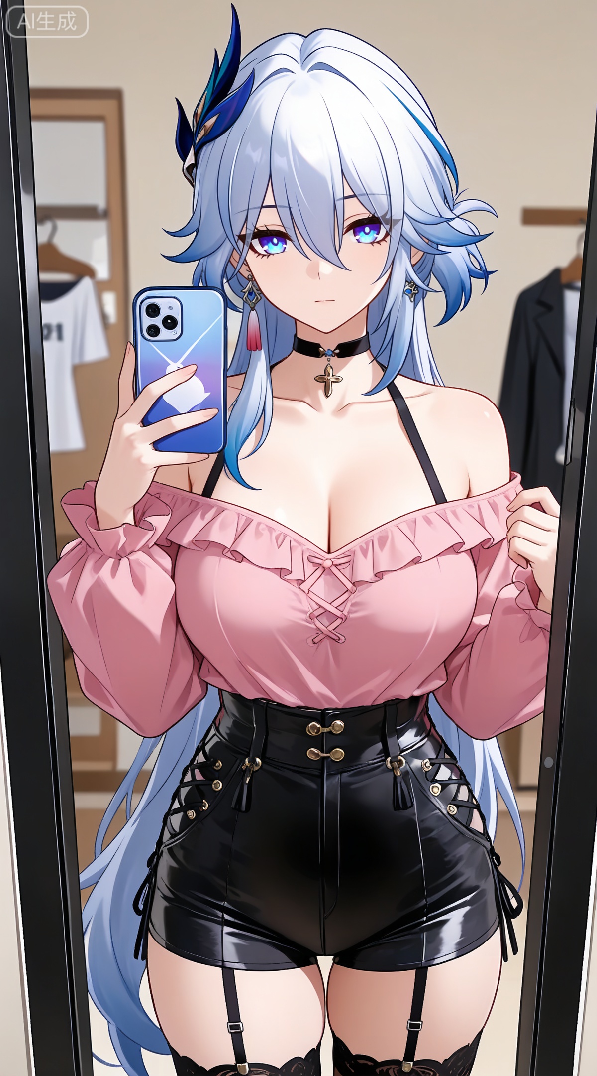 depth of field,masterpiece,best quality,very aesthetic,alternate costume,alternate costume,2024,2023,perfect composition,ultra-detailed,extreme aesthetic,masterpiece,best quality,good quality,newest,year 2024,year 2023,very aesthetic,absurdres,looking_at_viewer,colorful,
yaoguang \(honkai: star rail\), white hair, long hair, pony-tail, streaked hair, blue hair, hair ornament, earrings, single earring, tassel earrings, hair between eyes, blue eyes,
1girl,breasts,jewelry,phone,earrings,thighhighs,choker,solo,cleavage,cellphone,black choker,holding phone,bare shoulders,holding,smartphone,shirt,garter straps,black thighhighs,off-shoulder shirt,leotard,frills,selfie,collarbone,off shoulder,pink shirt,long sleeves,cross-laced clothes,standing,clothes hanger,closed mouth,cowboy shot,high-waist shorts,thighs,indoors,large breasts,see-through,shorts,medium breasts,
