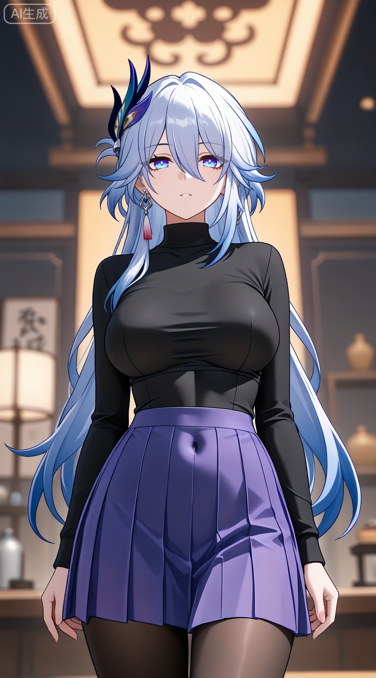 depth of field,masterpiece,best quality,very aesthetic,alternate costume,alternate costume,2024,2023,perfect composition,ultra-detailed,extreme aesthetic,masterpiece,best quality,good quality,newest,year 2024,year 2023,very aesthetic,absurdres,looking_at_viewer,colorful,
yaoguang \(honkai: star rail\), white hair, long hair, pony-tail, streaked hair, blue hair, hair ornament, earrings, single earring, tassel earrings, hair between eyes, blue eyes,
1girl,breasts,skirt,solo,pantyhose,large breasts,purple skirt,covered navel,long sleeves,taut clothes,miniskirt,pleated skirt,turtleneck,black shirt,shirt,black pantyhose,taut shirt, 
