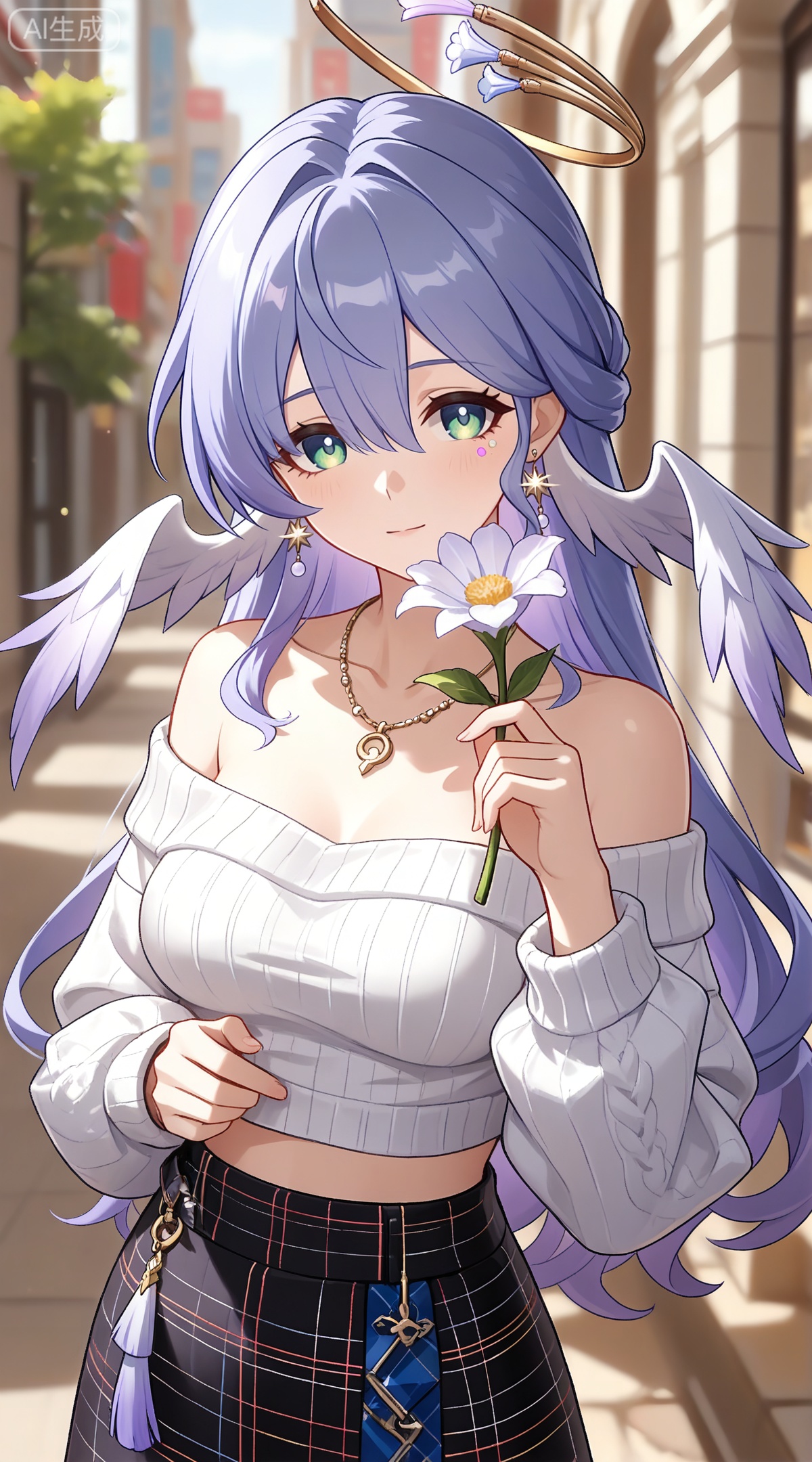 depth of field,masterpiece,best quality,very aesthetic,alternate costume,alternate costume,2024,2023,perfect composition,ultra-detailed,extreme aesthetic,masterpiece,best quality,good quality,newest,year 2024,year 2023,very aesthetic,absurdres,looking_at_viewer,colorful,
robin \(honkai: star rail\), blue hair, purple hair, long hair, head wings, halo, white wings, feathered wings, earrings, green eyes, hair between eyes, facial_mark,
1girl,solo,skirt,off shoulder,off-shoulder sweater,jewelry,white sweater,holding flower,necklace,bare shoulders,holding,sweater,breasts,black skirt,plaid skirt,collarbone,plaid,blurry background,crop top,blurry,midriff,long sleeves,large breasts,

