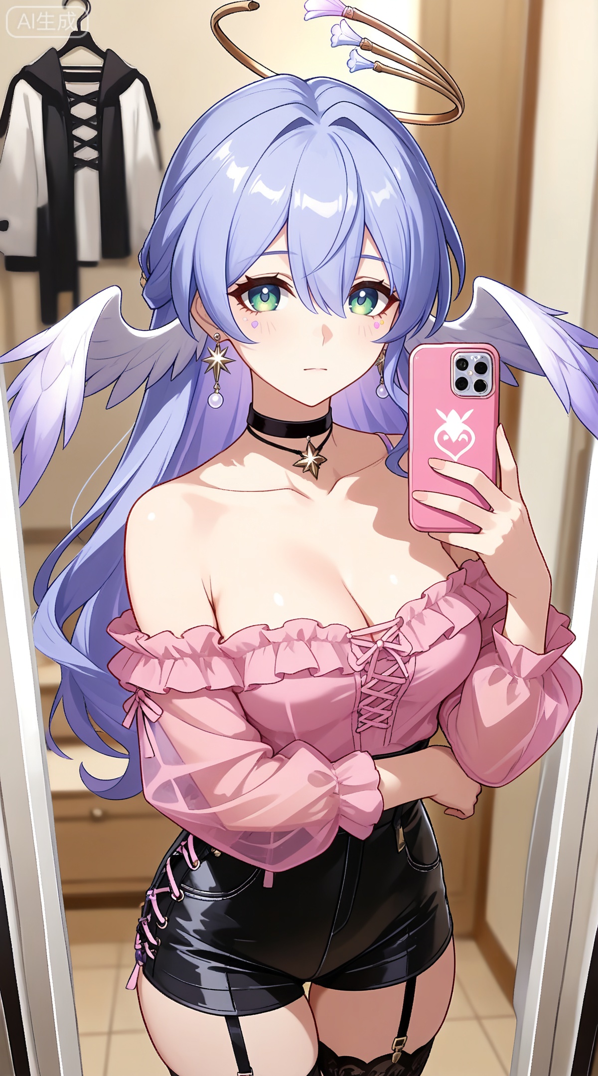 depth of field,masterpiece,best quality,very aesthetic,alternate costume,alternate costume,2024,2023,perfect composition,ultra-detailed,extreme aesthetic,masterpiece,best quality,good quality,newest,year 2024,year 2023,very aesthetic,absurdres,looking_at_viewer,colorful,
robin \(honkai: star rail\), blue hair, purple hair, long hair, head wings, halo, white wings, feathered wings, earrings, green eyes, hair between eyes, facial_mark,
1girl,breasts,jewelry,phone,earrings,thighhighs,choker,solo,cleavage,cellphone,black choker,holding phone,bare shoulders,holding,smartphone,shirt,garter straps,black thighhighs,off-shoulder shirt,leotard,frills,selfie,collarbone,off shoulder,pink shirt,long sleeves,cross-laced clothes,standing,clothes hanger,closed mouth,cowboy shot,high-waist shorts,thighs,indoors,large breasts,see-through,shorts,medium breasts,
