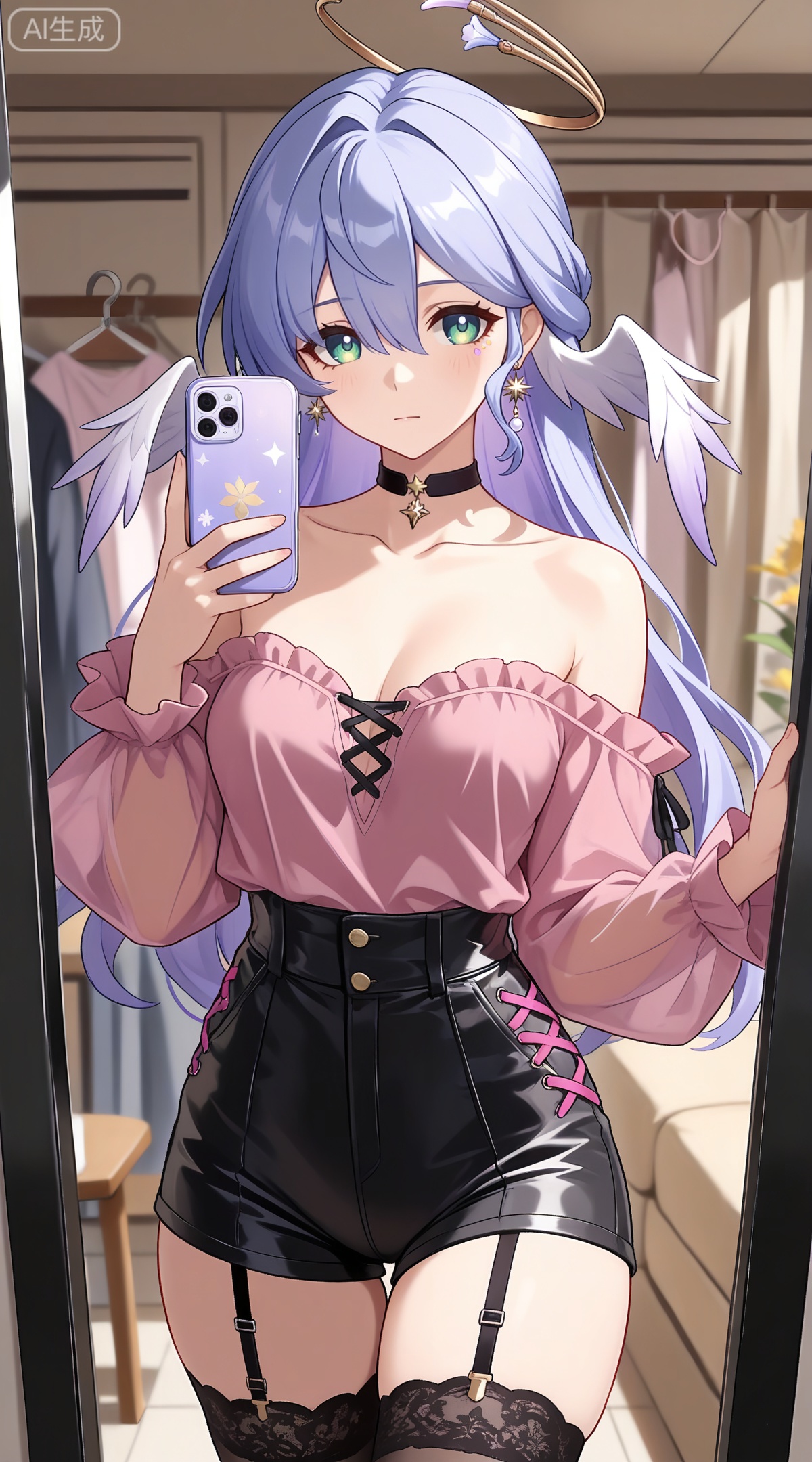 depth of field,masterpiece,best quality,very aesthetic,alternate costume,alternate costume,2024,2023,perfect composition,ultra-detailed,extreme aesthetic,masterpiece,best quality,good quality,newest,year 2024,year 2023,very aesthetic,absurdres,looking_at_viewer,colorful,
robin \(honkai: star rail\), blue hair, purple hair, long hair, head wings, halo, white wings, feathered wings, earrings, green eyes, hair between eyes, facial_mark,
1girl,breasts,jewelry,phone,earrings,thighhighs,choker,solo,cleavage,cellphone,black choker,holding phone,bare shoulders,holding,smartphone,shirt,garter straps,black thighhighs,off-shoulder shirt,leotard,frills,selfie,collarbone,off shoulder,pink shirt,long sleeves,cross-laced clothes,standing,clothes hanger,closed mouth,cowboy shot,high-waist shorts,thighs,indoors,large breasts,see-through,shorts,medium breasts,
