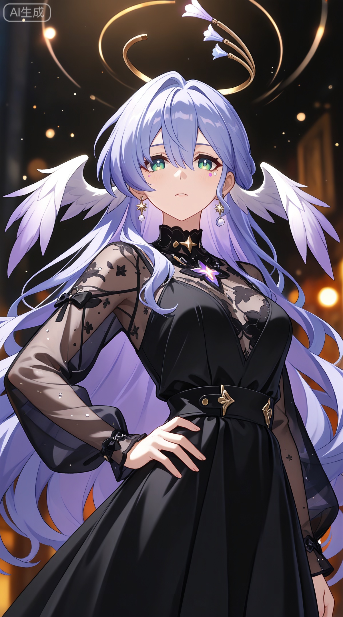 depth of field,masterpiece,best quality,very aesthetic,alternate costume,alternate costume,2024,2023,perfect composition,ultra-detailed,extreme aesthetic,masterpiece,best quality,good quality,newest,year 2024,year 2023,very aesthetic,absurdres,looking_at_viewer,colorful,
robin \(honkai: star rail\), blue hair, purple hair, long hair, head wings, halo, white wings, feathered wings, earrings, green eyes, hair between eyes, facial_mark,
1girl,solo,jewelry,earrings,see-through,dress,upper body,black dress,hand on own hip,breasts,see-through sleeves, 

