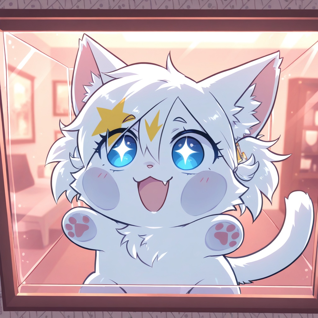 Chibi,  cartoonish style,  tight corner-angle POV from inside a glass enclosure; anthro furry white cat pressed against tr...