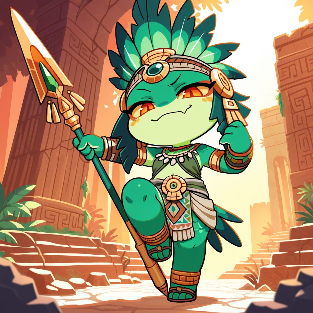 Chibi-style,  low-angle dynamic shot,  vibrant golden-hour lighting; chibi lizard girl with emerald-green scaly skin on Te...