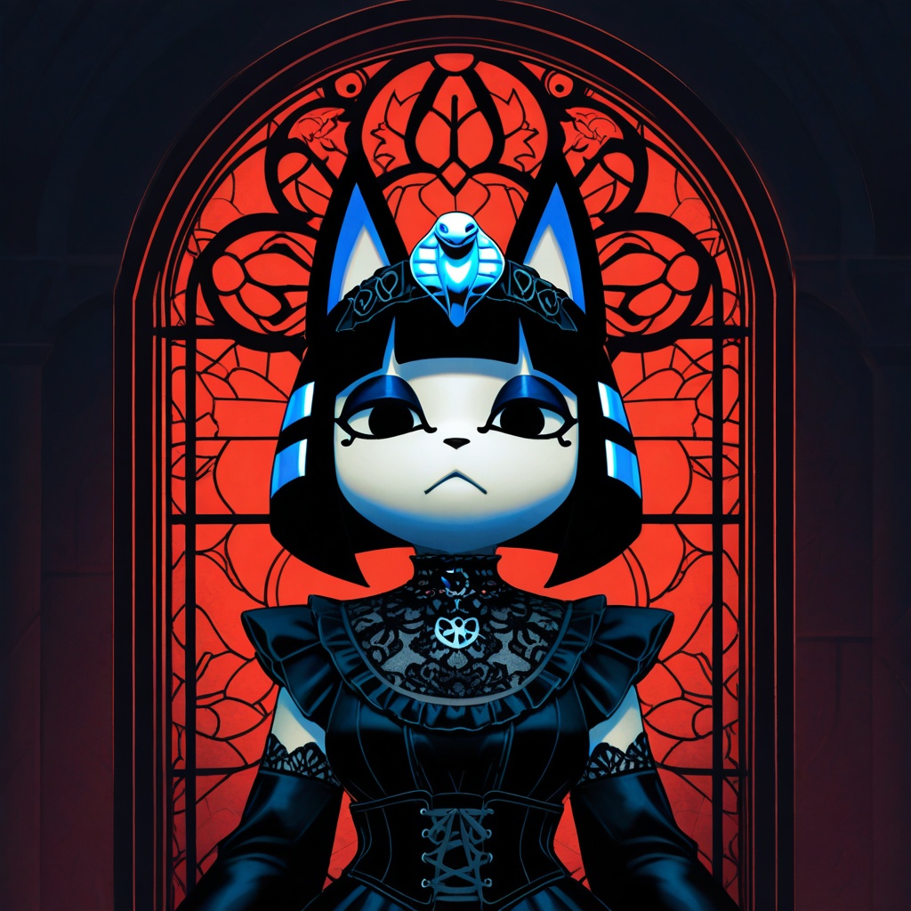 Full-body portrait,  front-facing pose,  cinematic low-angle framing; goth Ankha from Animal Crossing reimagined entirely...