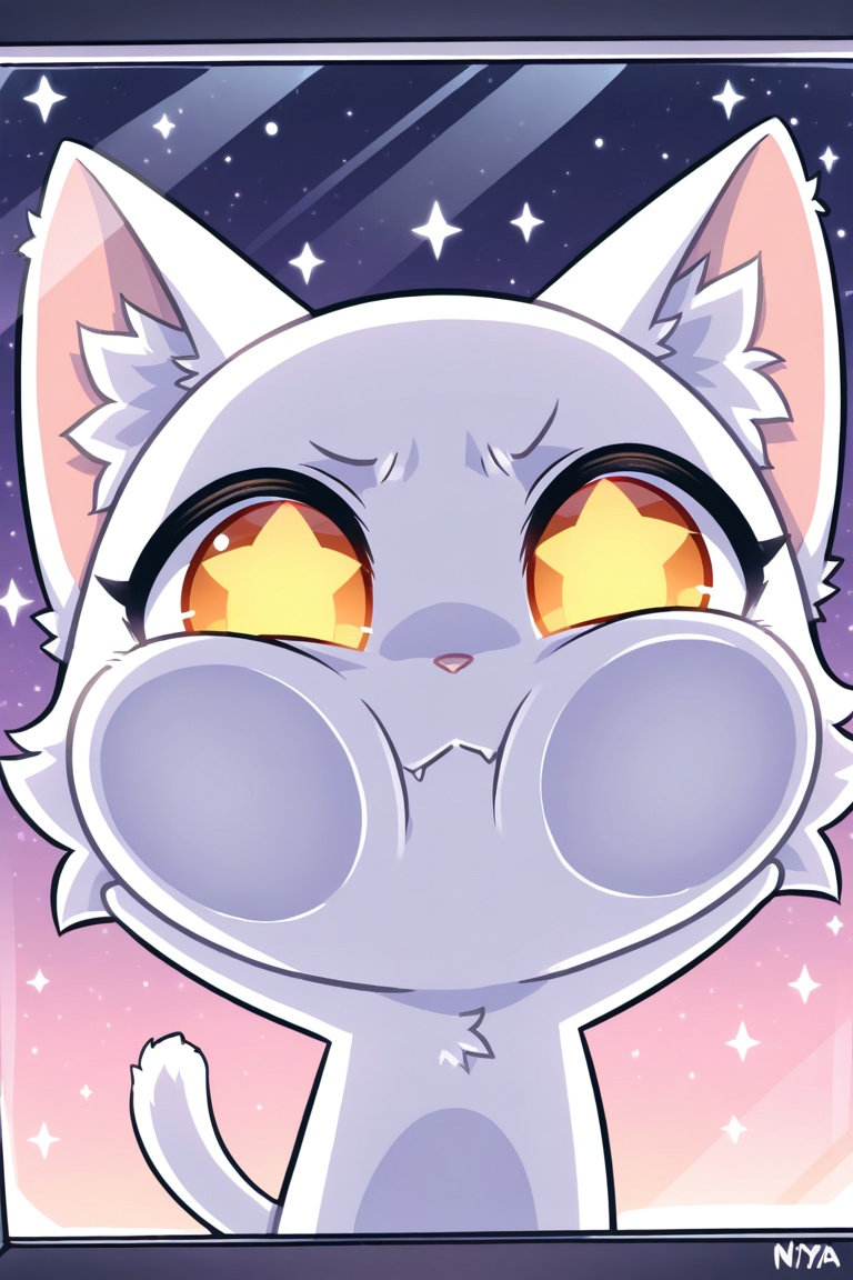Chibi,  cartoonish style,  tight corner-angle POV from inside a glass enclosure; anthro female fully furry body white cat...