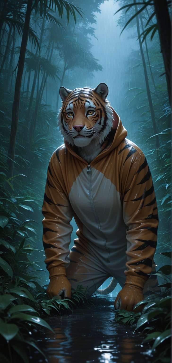 Professional photo of Monkey wearing a tiger costume while holding a tiger face mask in the jungle,  in a heavy rainforest...