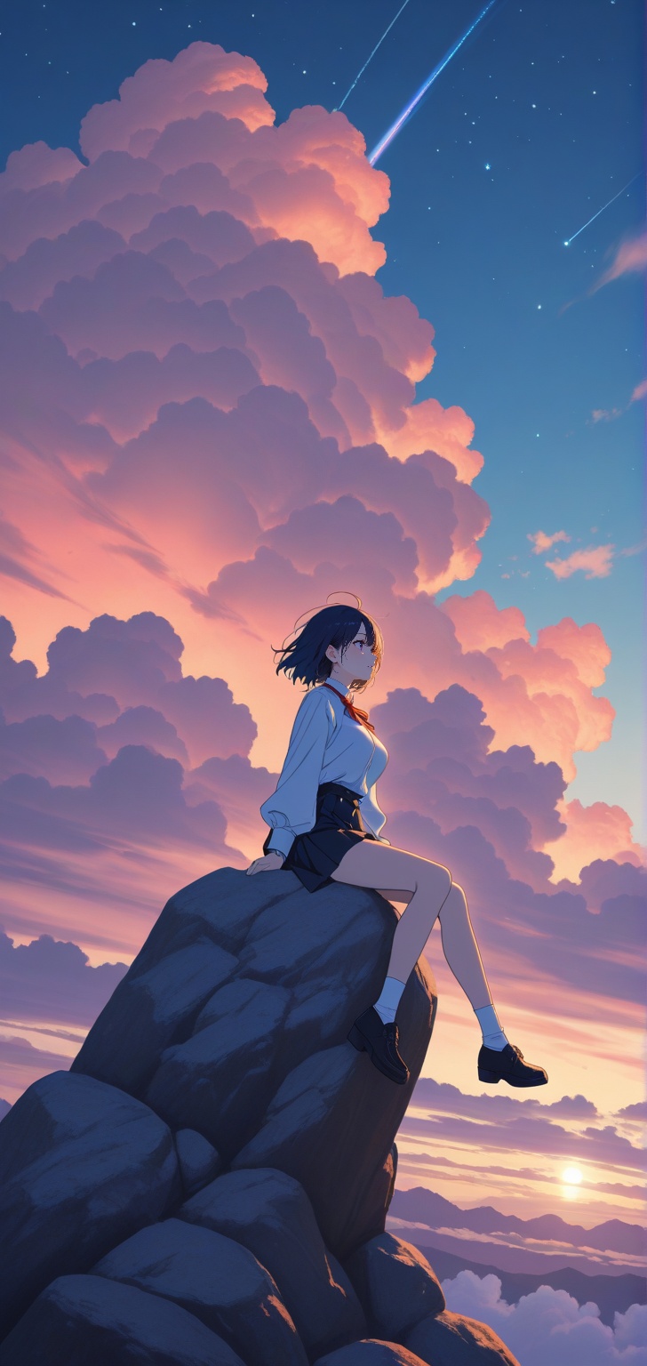anime girl sitting on a rock looking at the sky,  beautiful anime scene,  beautifull puffy clouds. anime on Tensor.Art