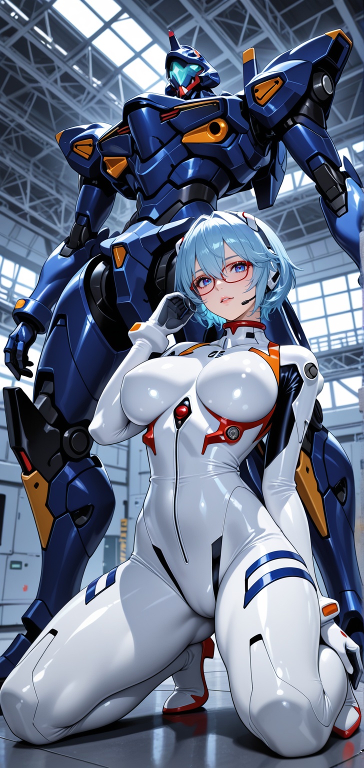hyperrealistic image inside a robot hangar,  featuring a very beautiful girl pilot with short sky-blue hair,  a mask on Te...