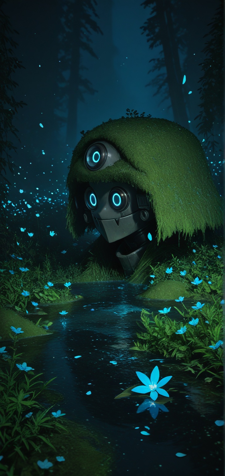 abandoned garden flower before 10,  000 BC,  seen from the front of a small human robot with big eyes created only for sur...