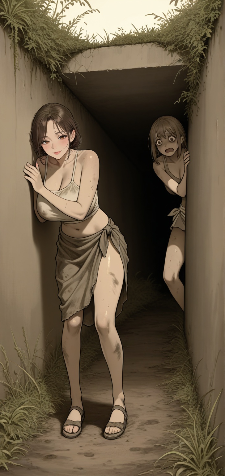 "a mother and her 2 children were hiding in a muddy ditch where the water was knee deep,  they were leaning against an ear...