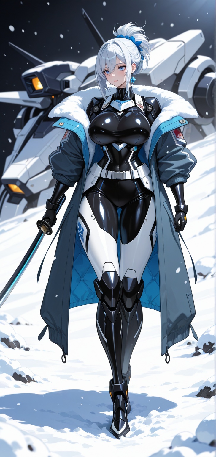 The beautiful (nations) mecha lady with (hairstyle),  dressing in (colouring) mecha jacket armor,  massive weapon katana o...