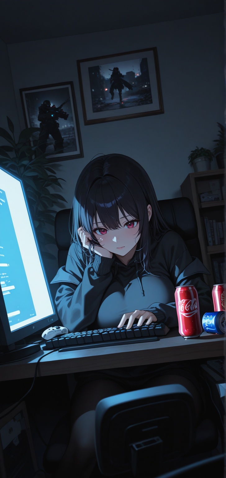 Create a scene of a young lady deeply engrossed in gaming in a cozy and cluttered room. The player holds a white controlle...