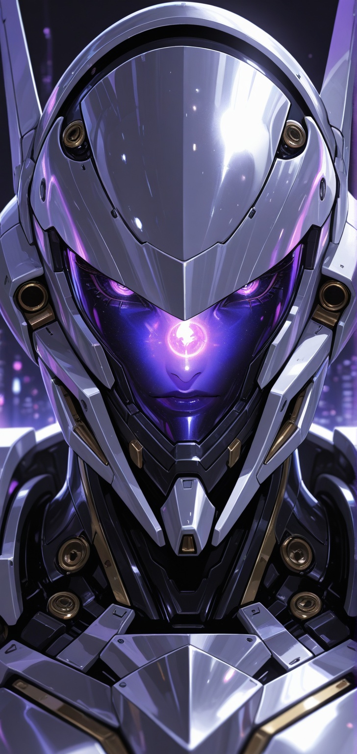 A hyperrealistic,  dynamic close-up portrait of an advanced,  sleek humanoid robot or mecha. The robot is primarily dark o...