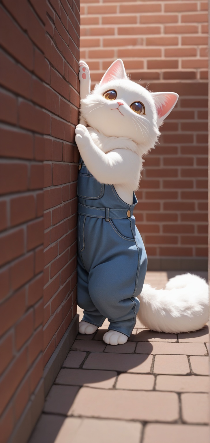 A charming 3D render of four fluffy,  white kittens playfully stacked on top of each other,  peeking out from side a verti...