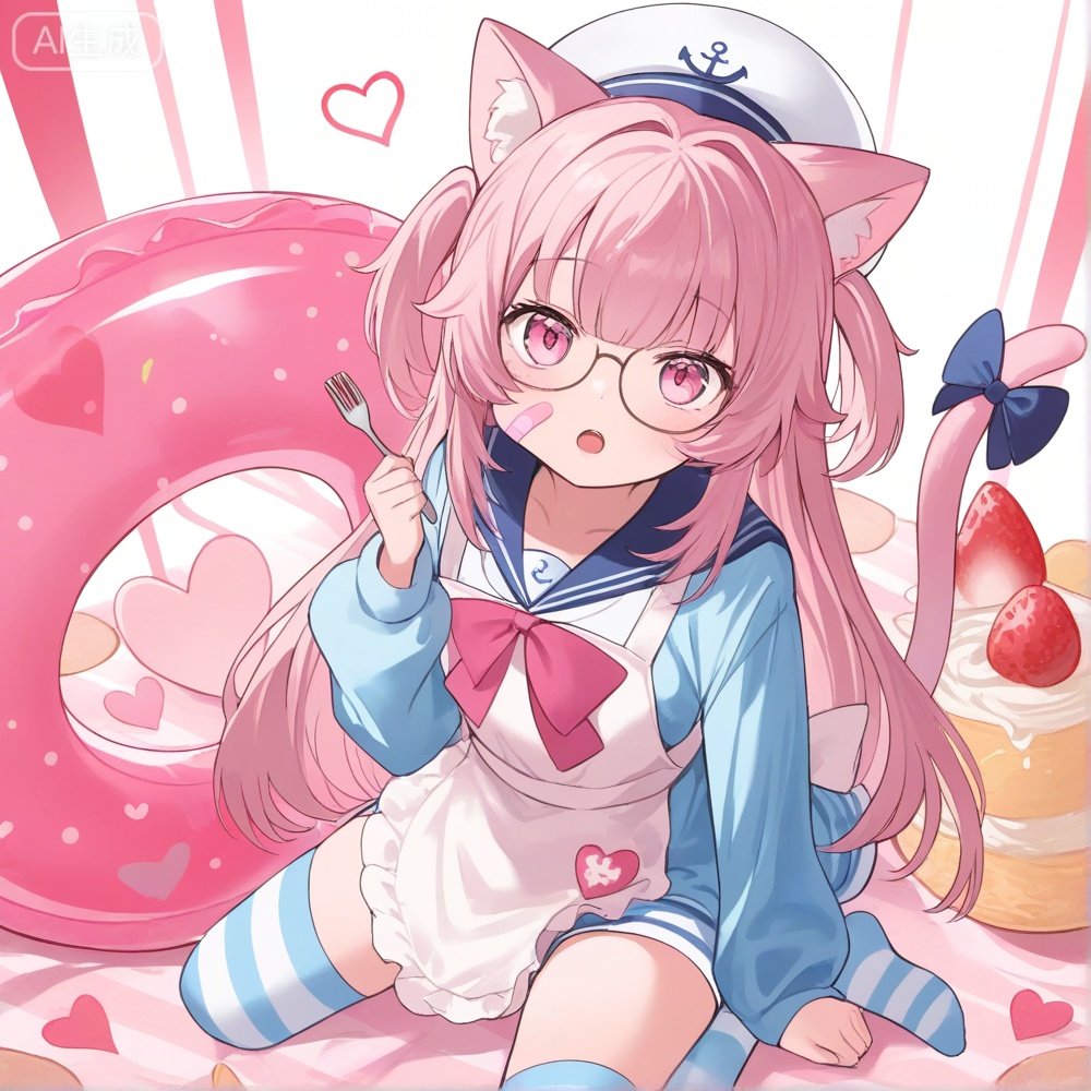 masterpiece, best quality,   jenlen01,1girl, animal ears, apron, bandaid, bow,  fork, glasses, hat, heart, innertube, jenlen01, long hair, looking at viewer, open mouth, pink eyes, sailor hat, solo, striped dress, striped thighhighs,  tail bow, thighhighs, two side up, very long hair, virtual youtuber,jelen01