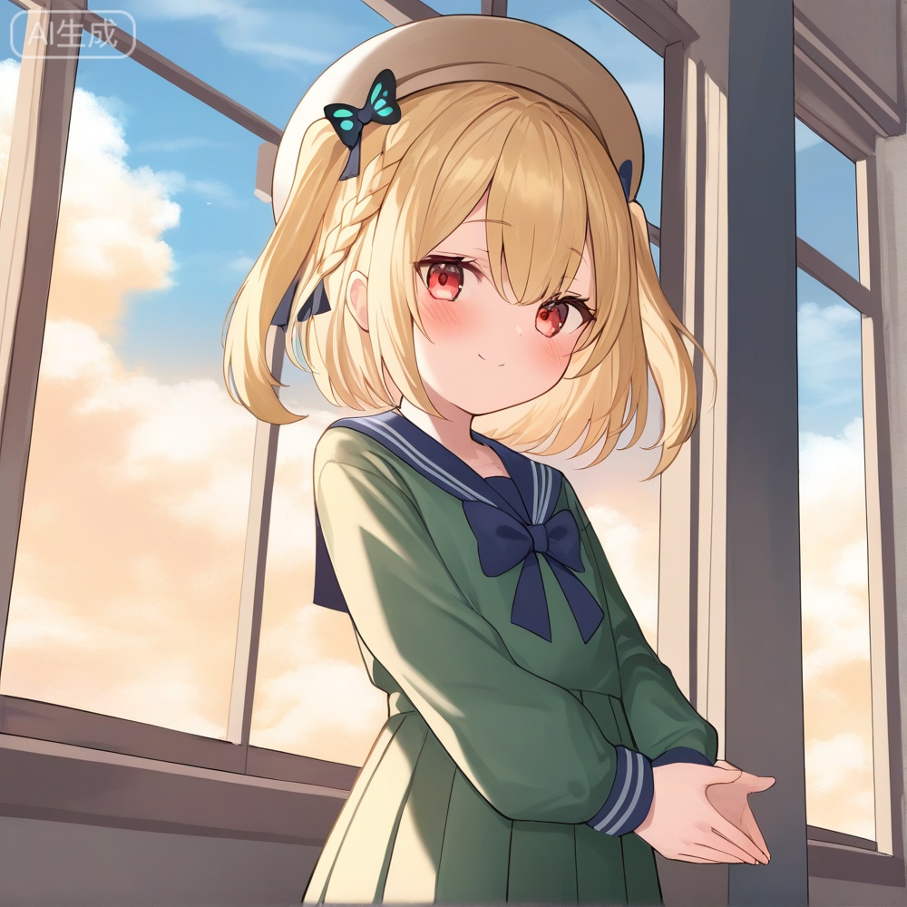 masterpiece, best quality, 1girl, blonde hair, blue sailor collar, blush, braid, brown headwear, closed mouth, cloud, green dress, hair between eyes, hat bow, jelen01, long hair, long sleeves, looking at viewer,  pleated skirt, school uniform, short hair, short sleeves, skirt, smile, solo,  two side up, upper body, uruha rushia, white headwear , loli, cute,  ray tracing, indoors,jelen01,cowboy shot, hide hands, (hands behinds back), standing, 