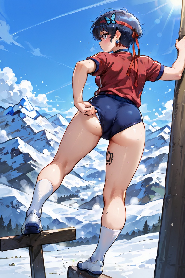 //Background (Climbing girl: 1.4) High mountain climbing,  Long climbing socks,  climbing BURUMA and climbing equipment on...