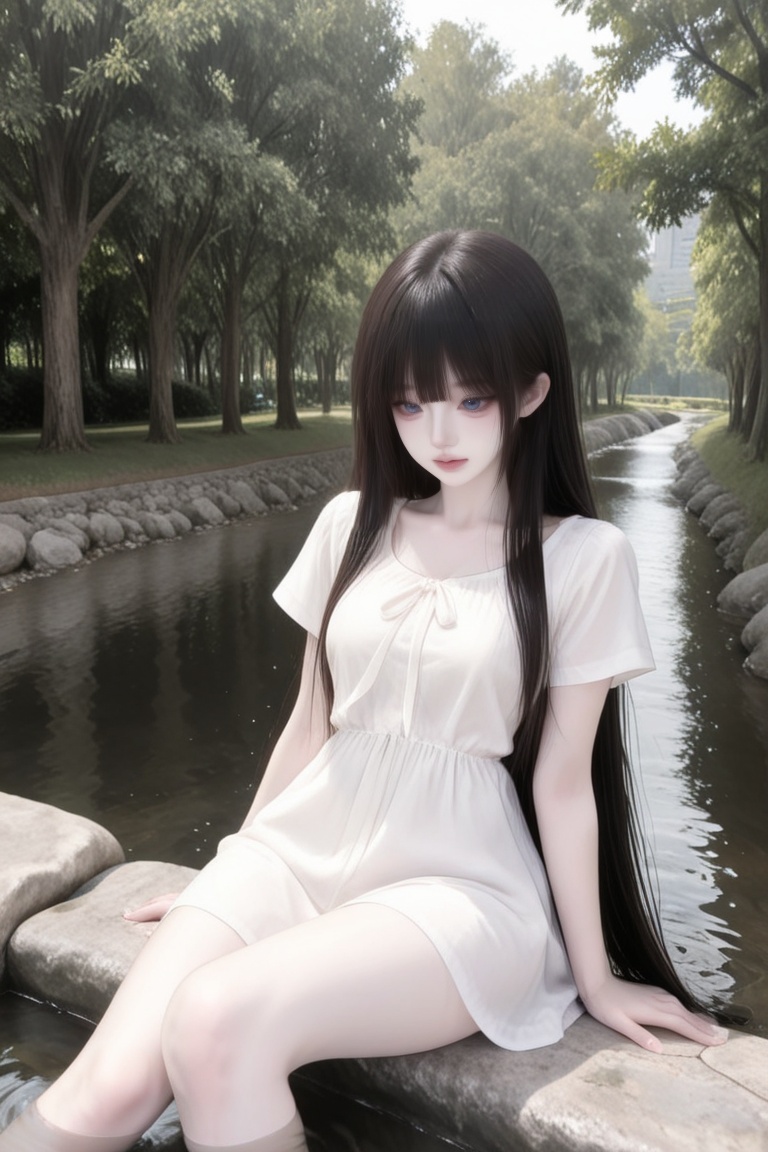 1 woman,  sitting at the stream,  legs lowered into the water on Tensor.Art