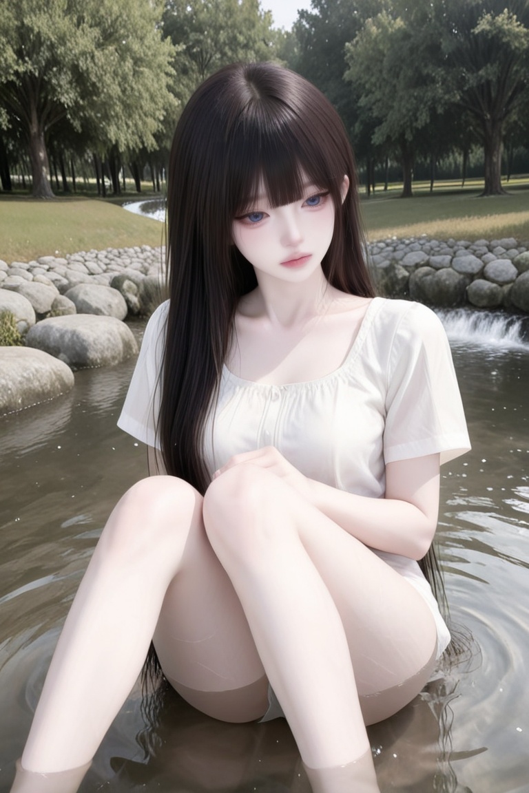1 woman,  sitting at the stream,  legs lowered into the water on Tensor.Art