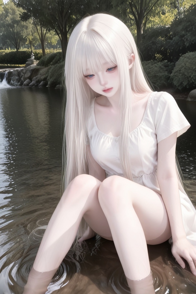 1 woman,  sitting at the stream,  legs lowered into the water on Tensor.Art