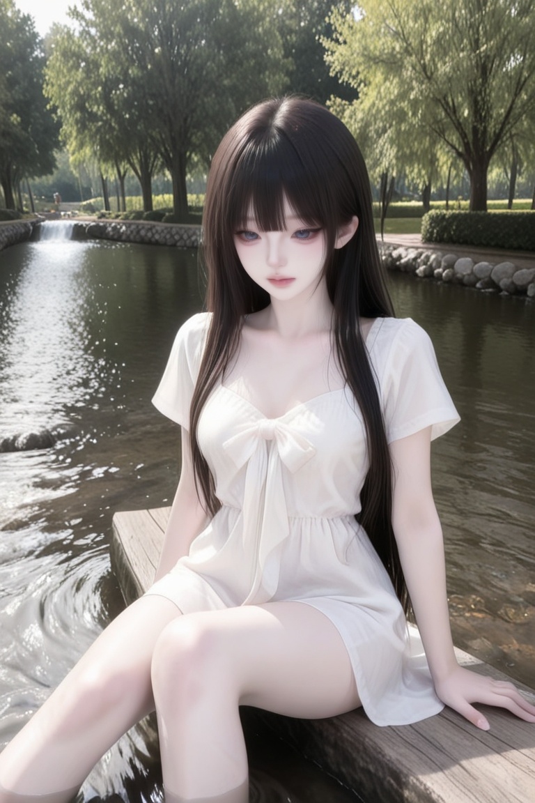 1 woman,  sitting at the stream,  legs lowered into the water on Tensor.Art