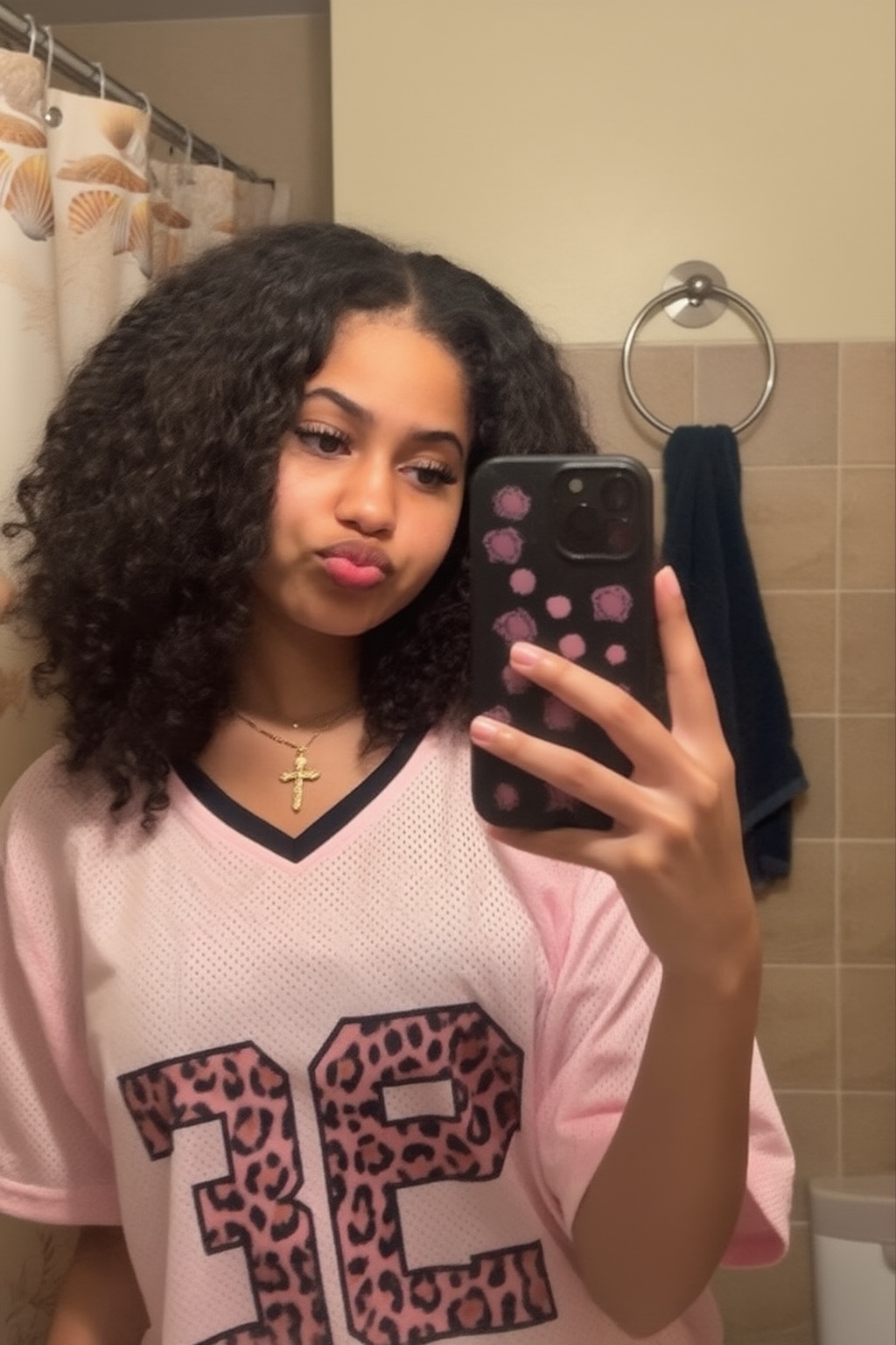 In a bathroom,  a young woman with voluminous dark curly hair stands before a mirror,  taking a selfie with a black smartp...