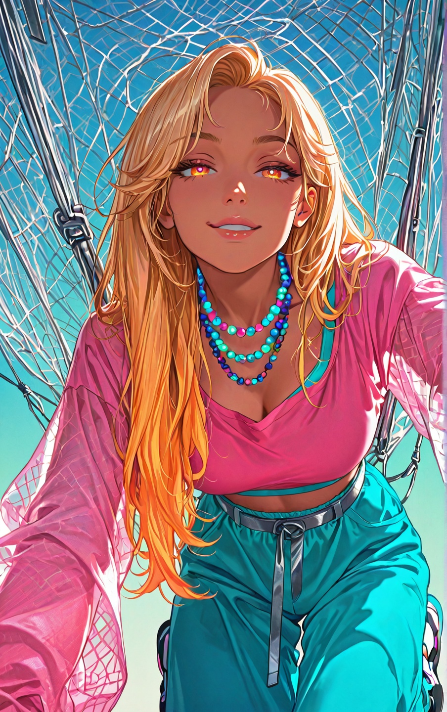 Full-body anime-style girl,  solo,  gradient background from neon pink (top) to electric blue (bottom) on Tensor.Art