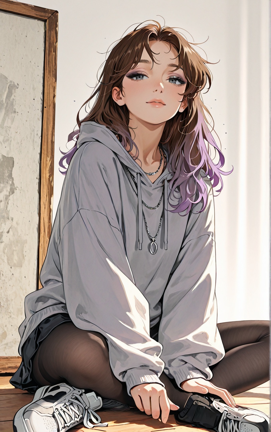 Full-body anime-style girl,  solo,  muted gradient background from dusty mauve (top) to cool fog gray (bottom) on Tensor.Art