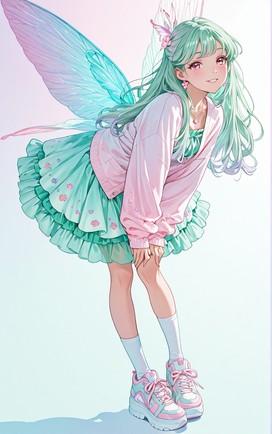 Full-body anime-style girl,  solo,  gradient background from pale peach (top) to soft lavender (bottom) on Tensor.Art