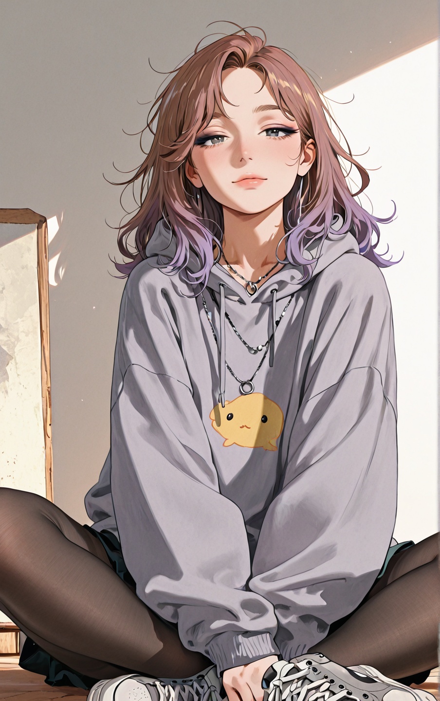 Full-body anime-style girl,  solo,  muted gradient background from dusty mauve (top) to cool fog gray (bottom) on Tensor.Art