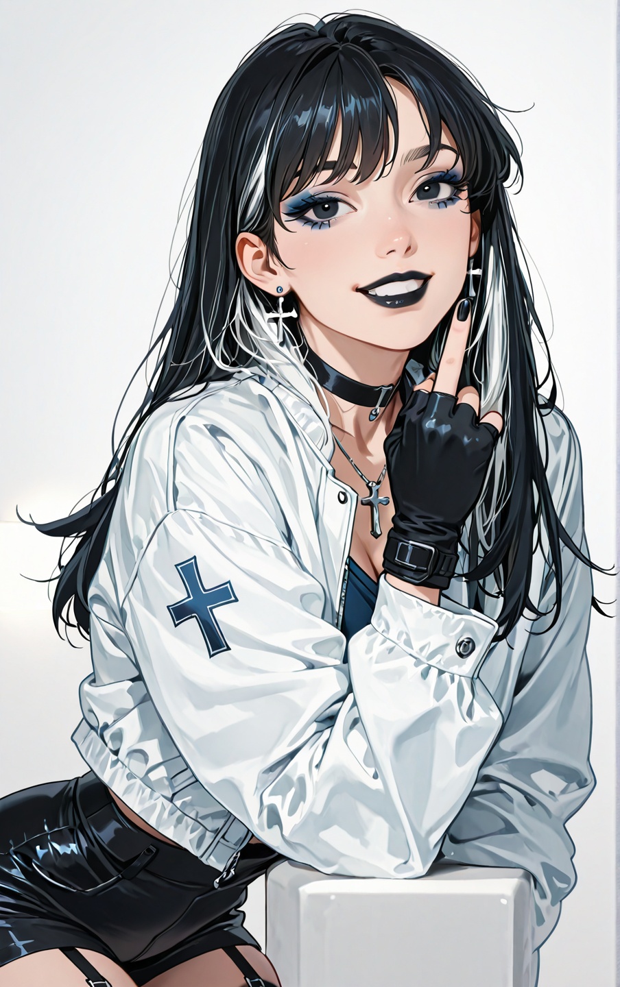 Full-body anime-style girl,  solo,  smooth gradient background from deep midnight blue (top) to muted cool gray (bottom) o...