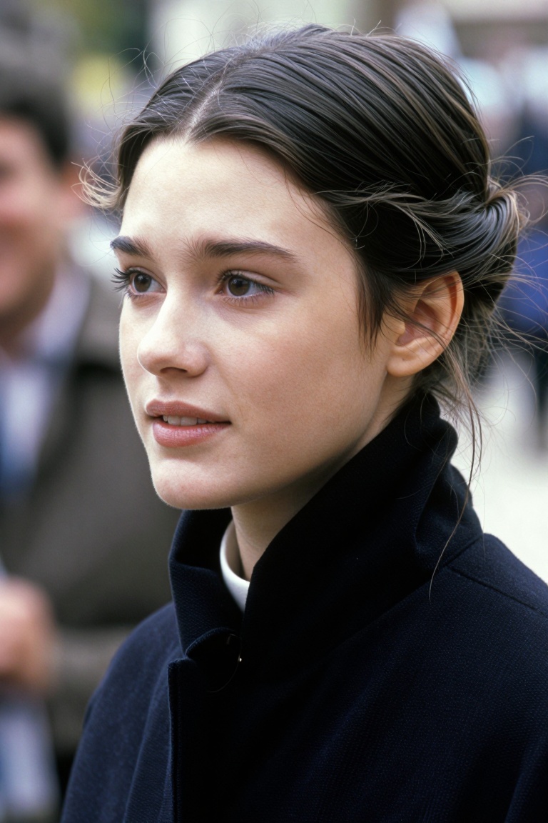 a young woman with a soft,  contemplative expression gazes slightly to the side,  her face framed by dark brown hair style...