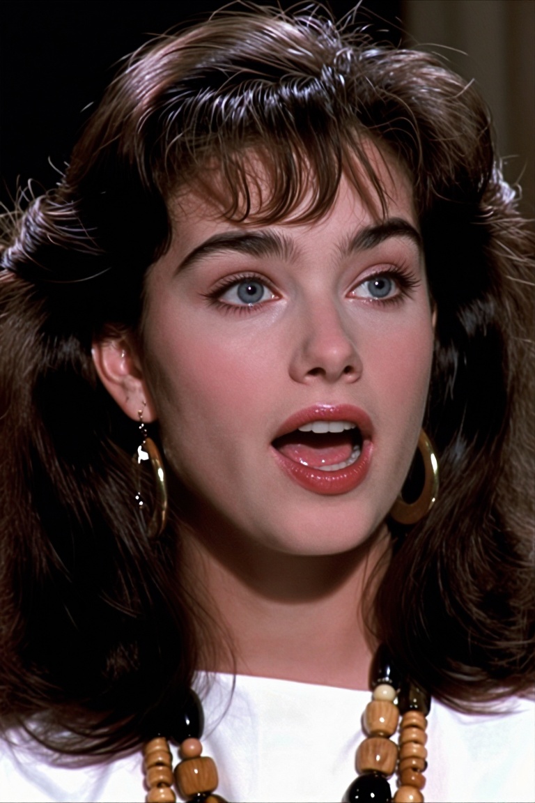 a woman with long,  wavy dark brown hair styled with soft bangs and voluminous curls framing her face is shown in a close-...