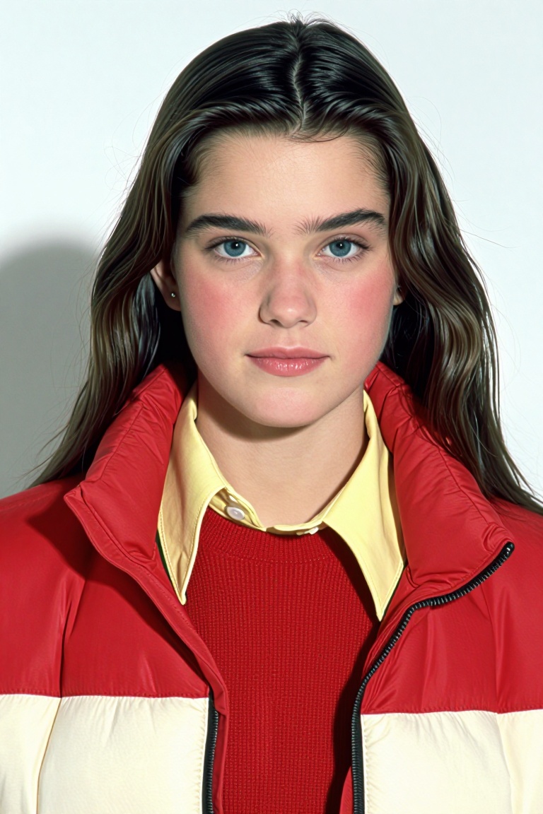 a young woman with long,  dark brown hair parted in the center and styled with soft waves framing her face gazes directly...